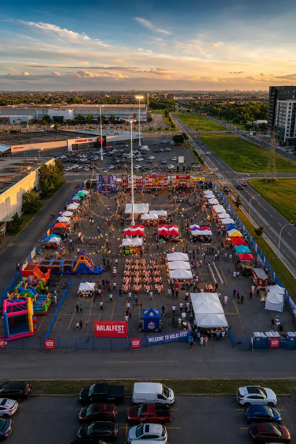 Vue aérienne d'un grand festival extérieur avec chapiteaux, tentes et jeux gonflables loués